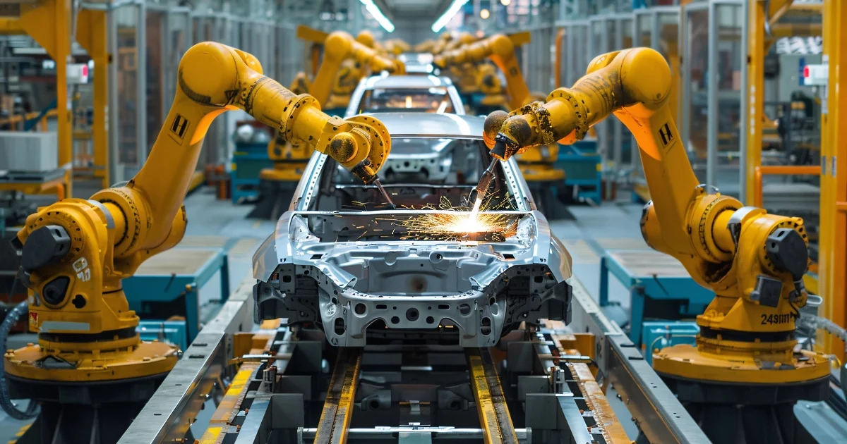 Robotic arms welding car body